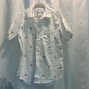 White Button-Down Short-Sleeve Shirt with embroidered flags